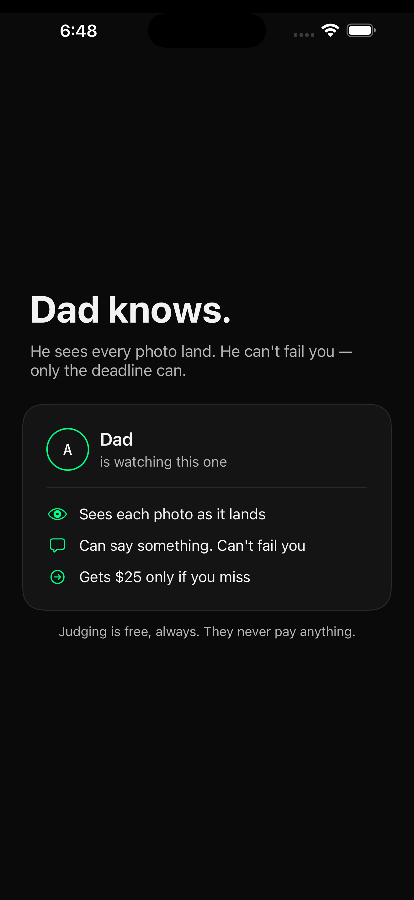 CLIP judge view: Dad is watching this one. Sees each photo as it lands. Gets $25 only if you miss.